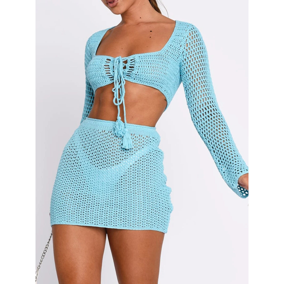 Sexy Square Neck Long Sleeve Tie-Front Knitted Bikini Cover-Up Skirt Set